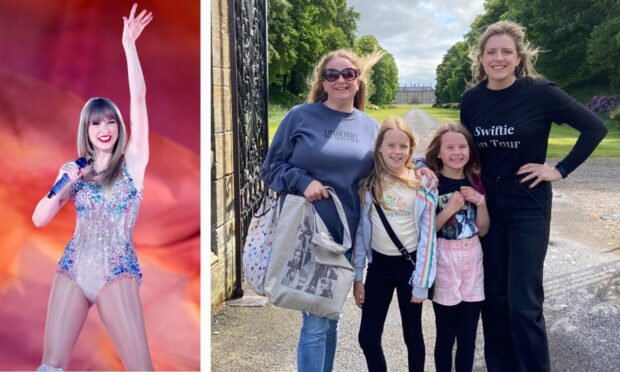 Taylor Swift fans Laura Bruce, Helga Bruce, Vaila Bruce and Sally Rendall at Kinross House. Image: TT News Agency/Alamy Live News/Kieran Webster/DC Thomson