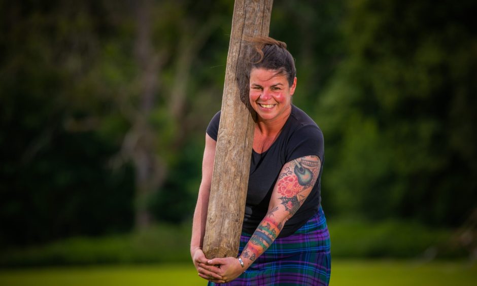 Rebecca Maeule practises her caber tossing in Pitlochry. Image: Steve MacDougall.