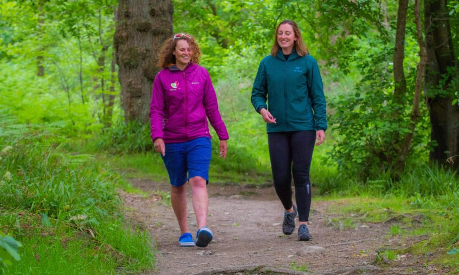 Beth Wallis (left) walking with friend Chrissie Prichard along the banks of the River Tay at Grandtully.