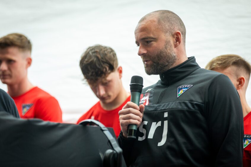 James McPake addresses the Dunfermline Athletic F.C. fans during the club's open day.