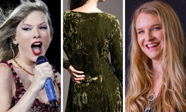 Three part image, showing Taylor Swift on stage, Little Liues green velvet dress and Little Lies founder Jade Robertson.