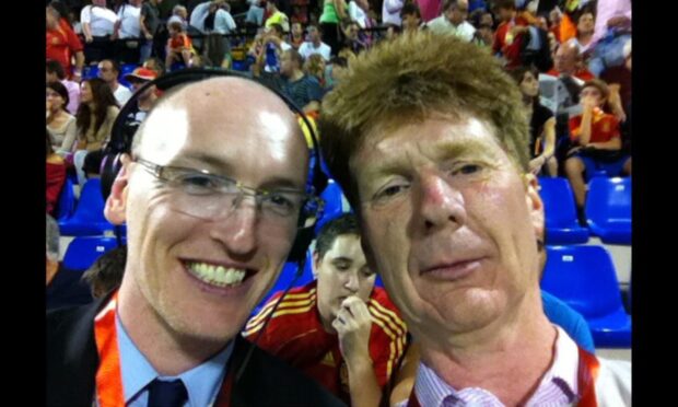 Jim Spence (right) on duty with former BBC colleague Chris McLaughlin at Scotland's Euro 2012 qualifier against Spain in Alicante. Image: Jim Spence