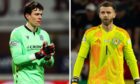 Dundee keeper Jon McCracken (left) has Scotland No 1 - and former Norwich team-mate - Angus Gunn in his sights. Images: SNS