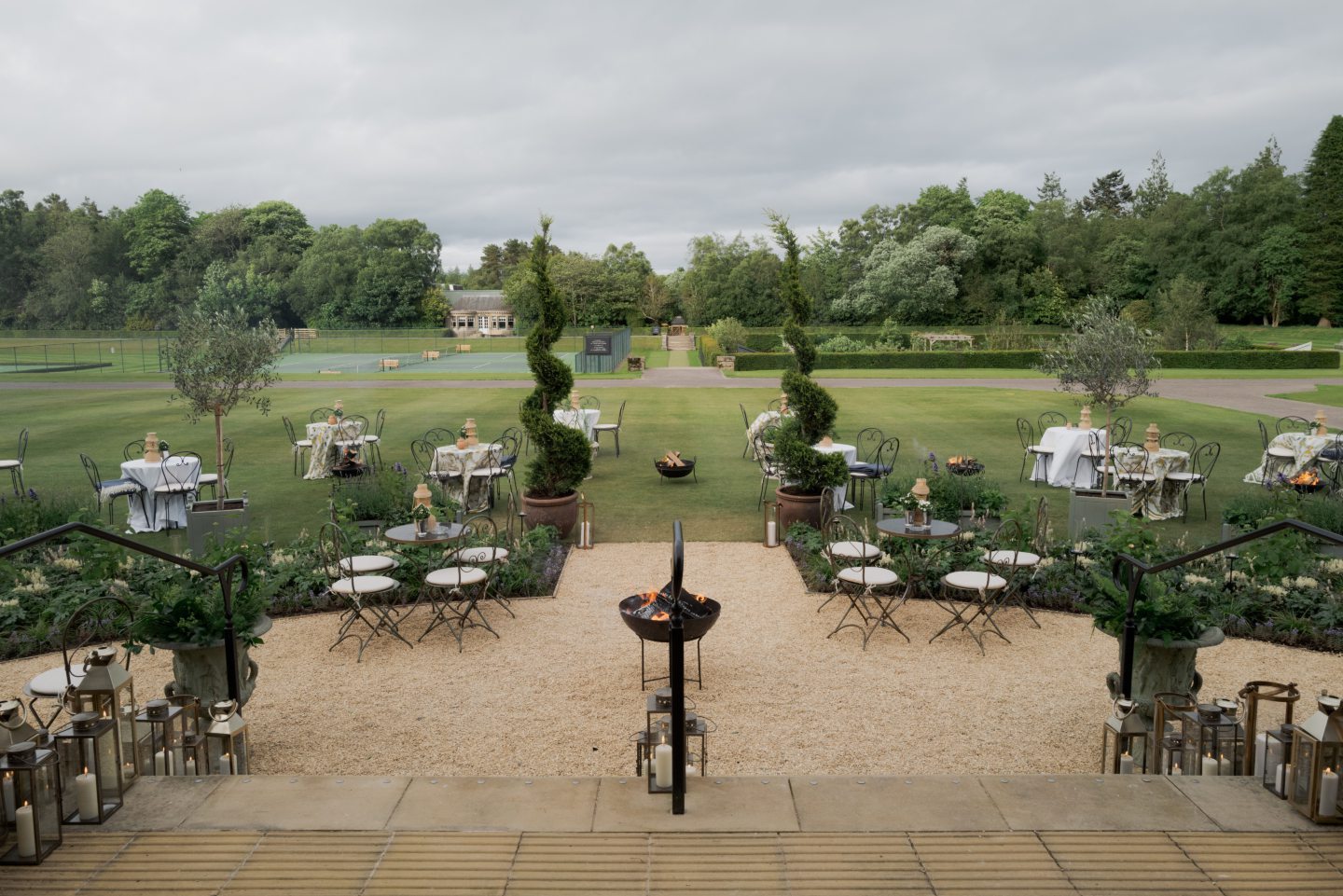 Outdoor seating in the castle grounds.