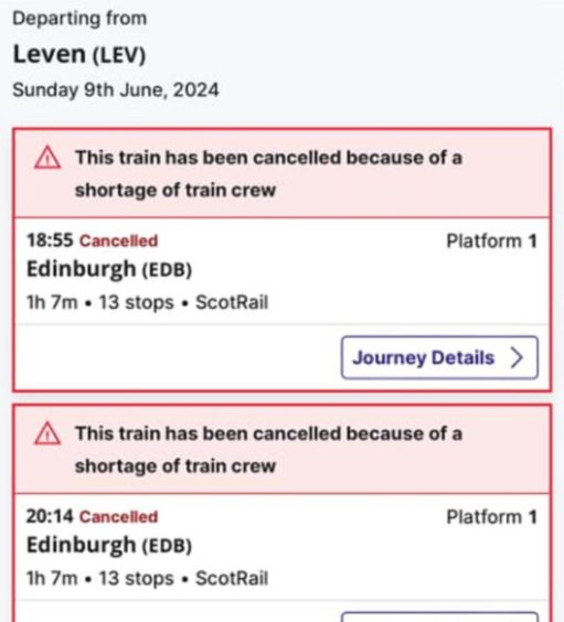Some of the Levenmouth rail link cancellations on the National Rail app