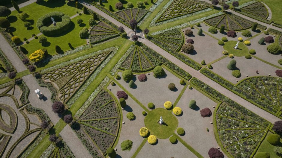 An aerial shot showing the spectacular design of the Drummond Castle gardens.