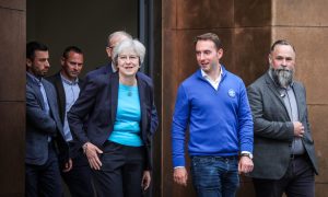 Theresa May and Tory candidate Luke Graham leave Perth Museum after visiting the Stone of Destiny. Image: Mhairi Edwards/DC Thomson.