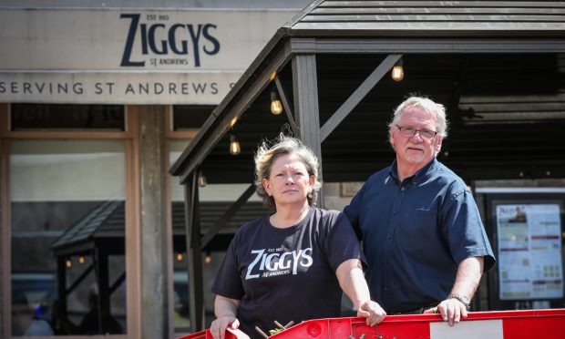 Phil and Annie Wishart, of Ziggy's in St Andrews, show their outside seating area.  Image: Mhairi Edwards/DC Thomson