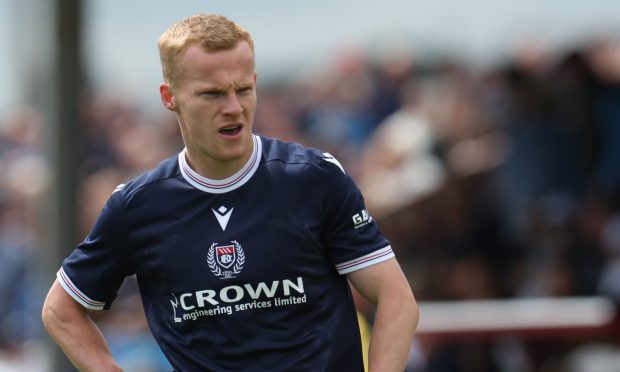 Dundee's Scott Tiffoney in action at Arbroath. Image: David Young/Shutterstock