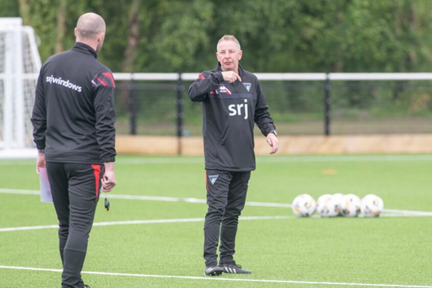 John McLaughlan on the training pitch with Dunfermline manager James McPake.