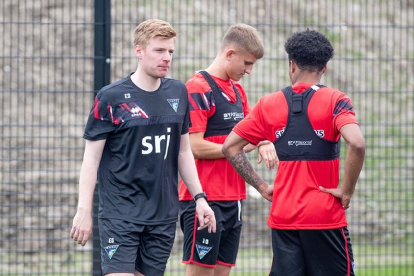 Dunfermline sports scientist Euan Donaldson with Matty Todd and Kane Ritchie-Hosler.