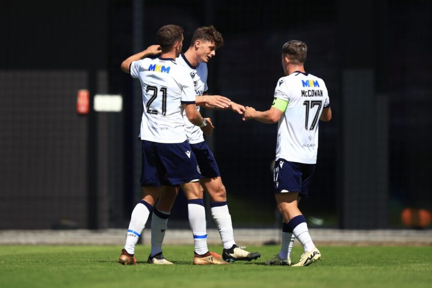 Dundee celebrate Seb Palmer-Houlden's equaliser against Lech Poznan. Image: David Young