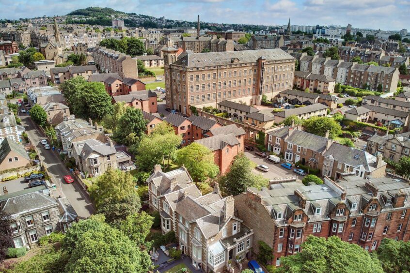 An aerial view of the house on Magdalen Yard Road and the surrounding Dundee area. 