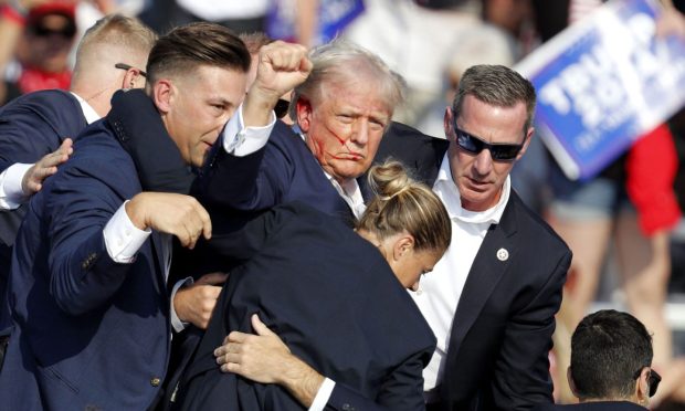 Former president Donald Trump is guided off stage after shooting. Image: Shutterstock
