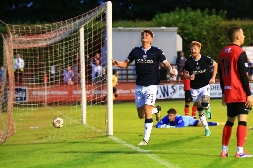 Seb Palmer-Houlden scored his first competitive goal for Dundee since joining on loan from Bristol City. Image: David Young/Shutterstock