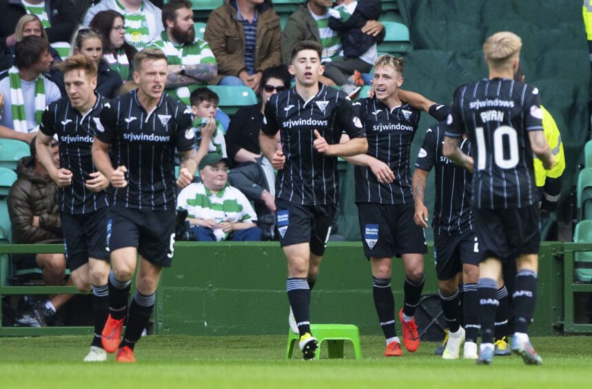 The Dunfermline Athletic FC players celebrate Tom Beadling's equaliser against Celtic in 2019.