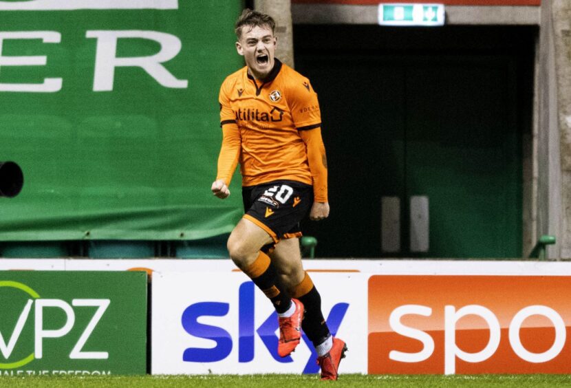 Luke Bolton celebrates his sole goal in Dundee United colours