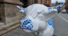 Close up of blue and white cow sculpture outside Perth Museum