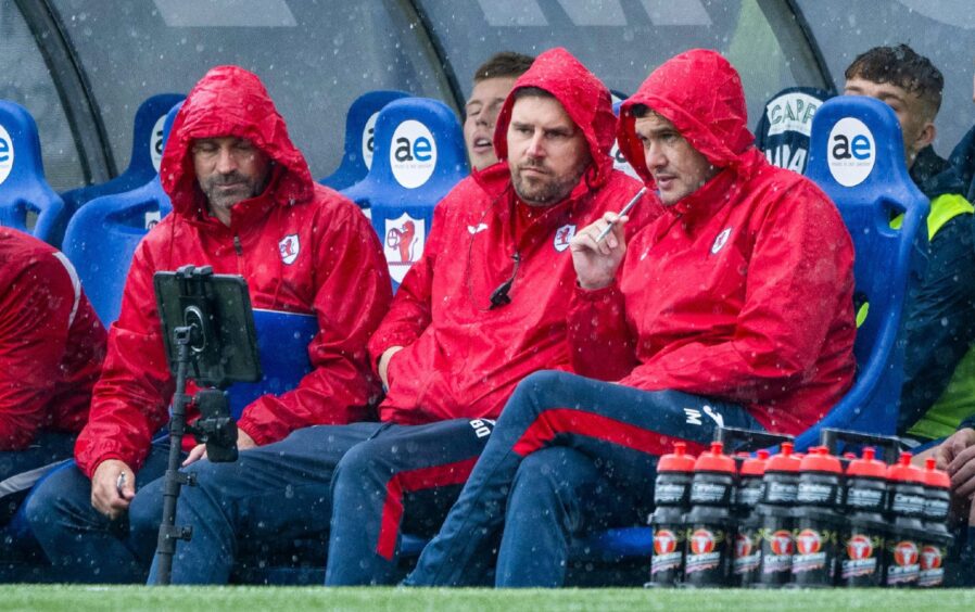 Raith Rovers manager Ian Murray is joined on the bench by assistant Colin Cameron and head of performance analysis Bill Orr.