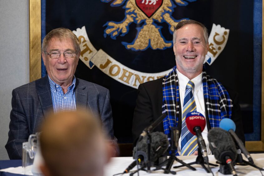Adam Webb is unveiled as the new owner of St Johnstone alongside Geoff Brown.