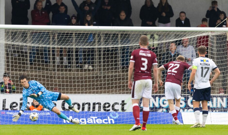 Jon McCracken saves Innes Murray's penalty to keep the score goal-less. Image: SNS