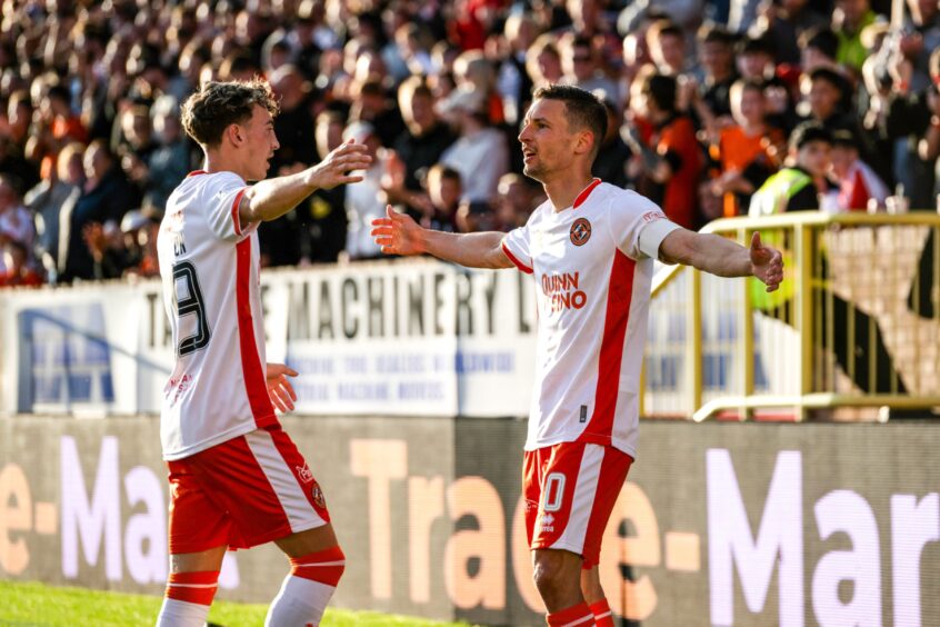 David Babunski celebrates Dundee United's opener