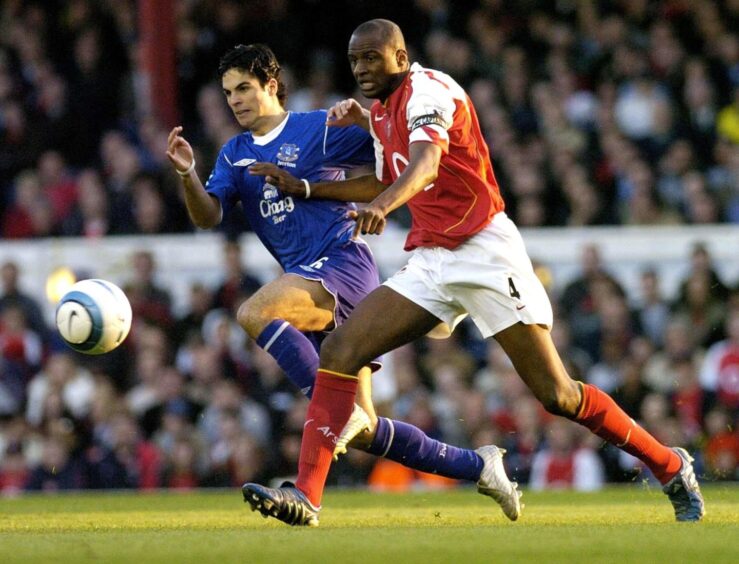 Arsenal's Patrick Vieira (right) in action against Everton's Mikel Arteta.
