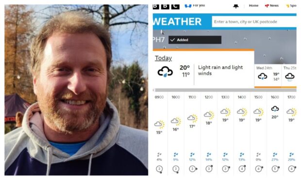 Andrew Donaldson and a BBC weather forecast for Comrie.