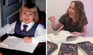 Then and now: Rebecca Brown writing one of her first 'books' as a child, and at her debut launch in 2024. Image: Supplied.