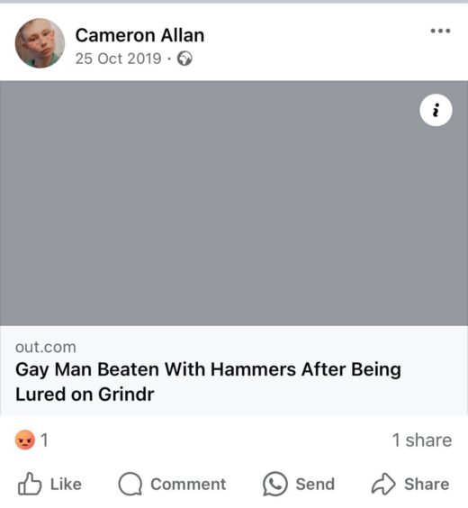 Grindr Facebook posting by Cameron Allan