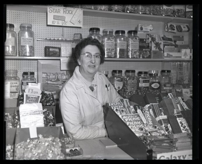 The shop counter at the Star Rock Shop in Kirriemuir in December 1965.