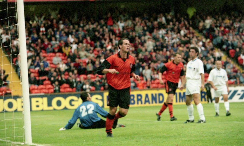 Robbie Winters turns away in the goalmouth after getting on the scoresheet against the Andorran side.