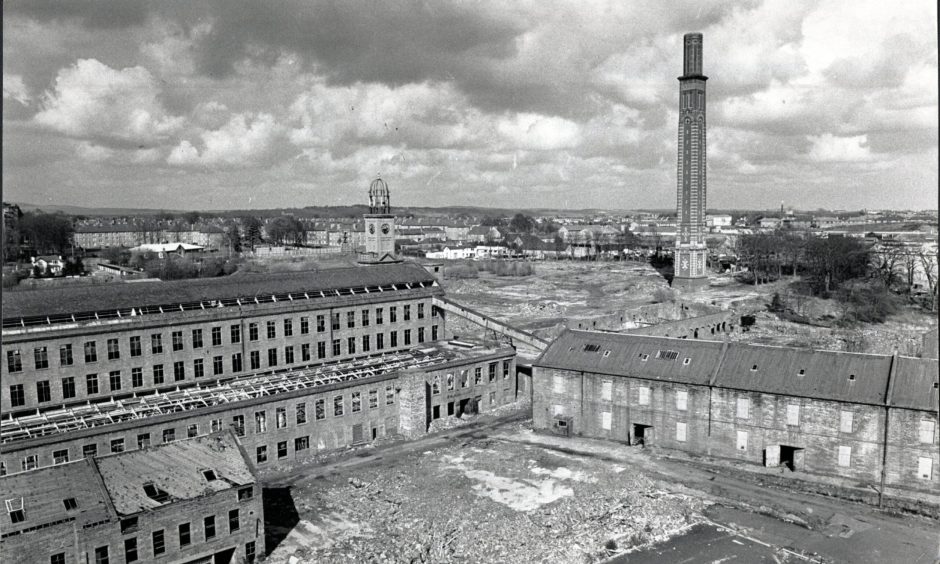 An aerial shot showing Camperdown Works and Cox's Stack against the Dundee skyline
