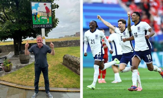 Piers Morgan watched England qualify for the Euro 2024 semi-finals in St Andrews. Image: Piers Morgan/Instagram/Michael Zemanek/Shutterstock