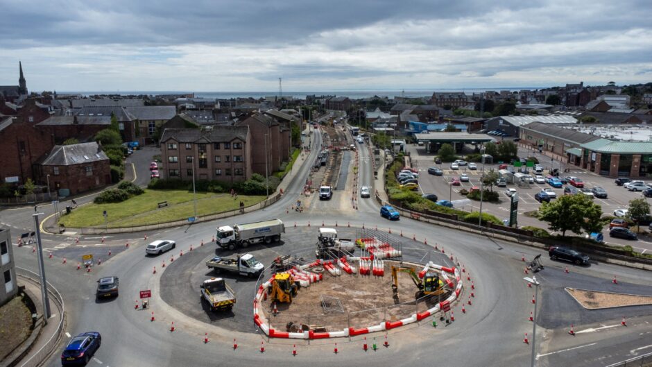 Guthrie Port roundabout changes in Arbroath A Place for Everyone active travel scheme.