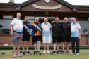 Celebrating the 50th Open Tournament with the exhibition match. Willie Oswald (Tournament Official), David Gourlay MBE, Darren Burnett, Mike Black (President), Derek Oliver, Alex Marshall MBE and Ian Riddell (Tournament Organiser). Image: Kim Cessford / DC Thomson