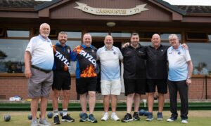 Celebrating the 50th Open Tournament with the exhibition match. Willie Oswald (Tournament Official), David Gourlay MBE, Darren Burnett, Mike Black (President), Derek Oliver, Alex Marshall MBE and Ian Riddell (Tournament Organiser). Image: Kim Cessford / DC Thomson