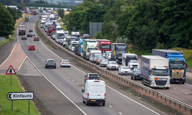 Queues on the M90 during the roadworks on the Friarton Bridge. Image: Kim Cessford/DC Thomson
