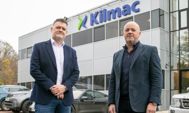 Kilmac founders Athole McDonald and Richard Kilcullen outside their Dundee headquarters in Gemini Crescent. Image: Kim Cessford/DC Thomson
