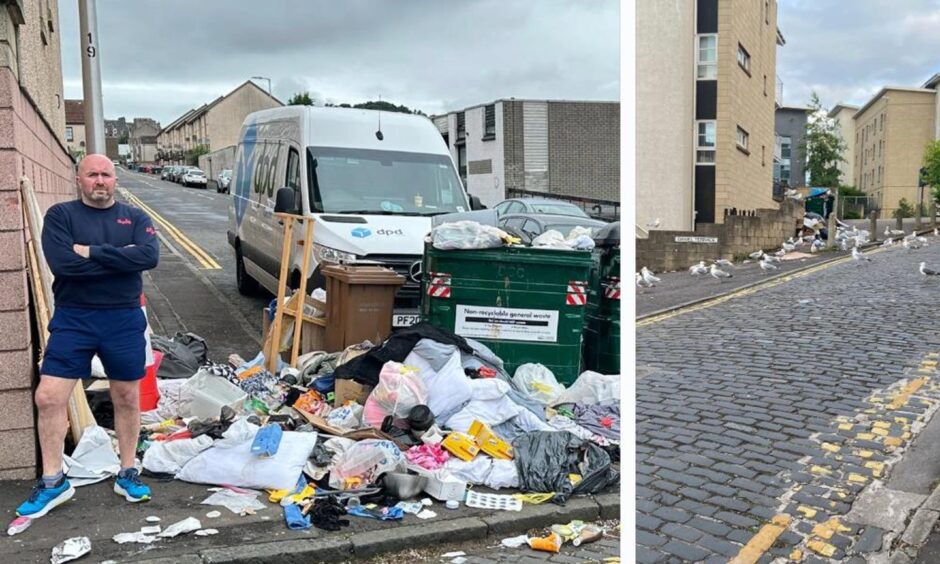 A split image of Brian Wallace next to the litter and seagulls on Daniel Street in Dundee.