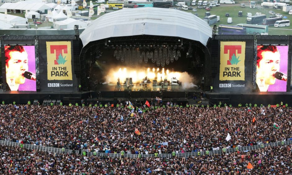 An aerial shot showing the T in the Park crowd watching the Arctic Monkeys in 2014.