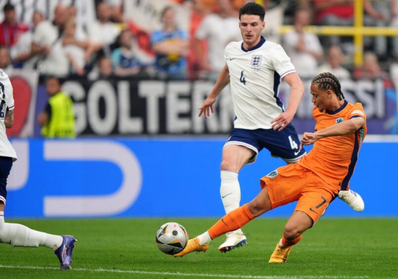 Xavi Simons smashes Netherlands in front against England in the Euro 2024 semi-final. Image: PA