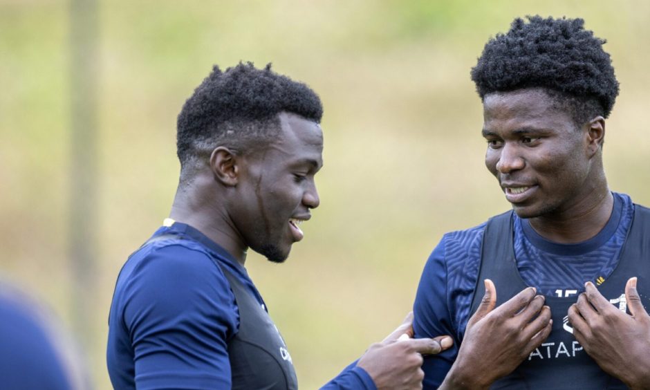 Adama Sidibeh (left) with new signing, Aaron Essel.