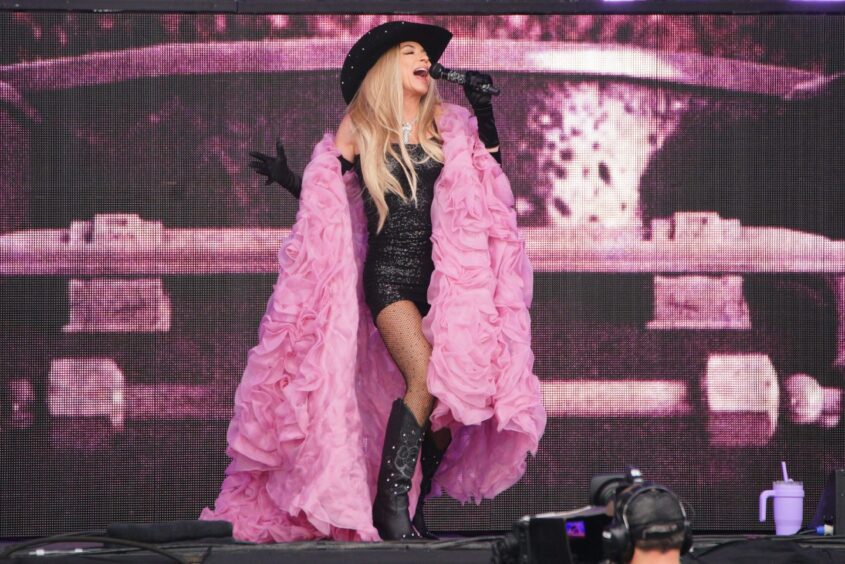 Shania Twain performing on the Pyramid Stage, at the Glastonbury Festival at Worthy Farm in Somerset. 