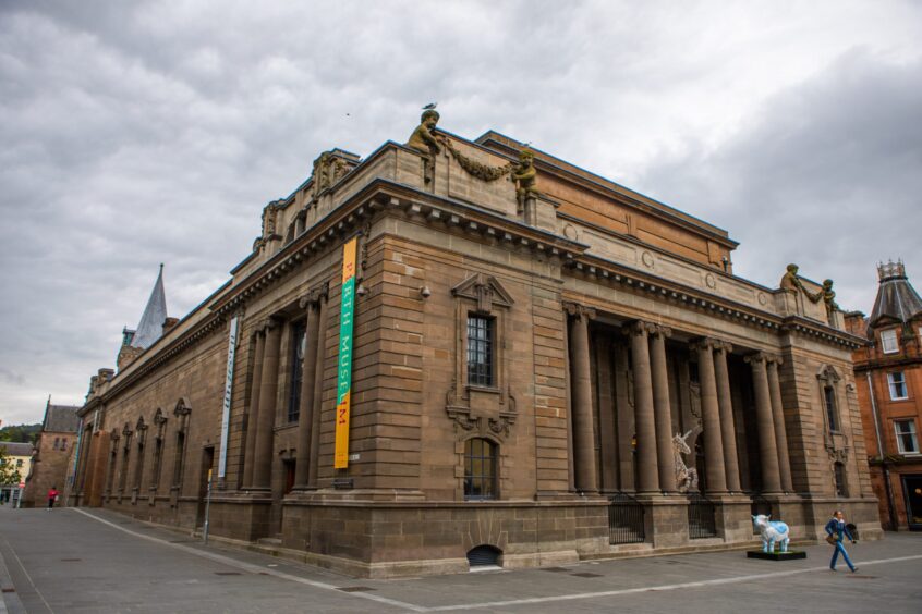 Perth Museum exterior with blue and white cow sculpture outside