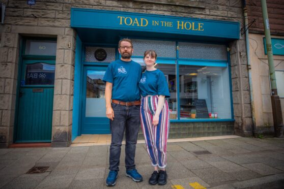 Aaron Young and wife Olivia outside Toad in the Hole sausage shop in Blairgowrie