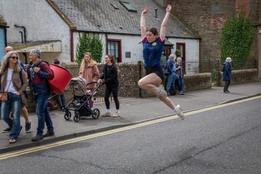 Gymnast in Carnoustie town centre gala parade.