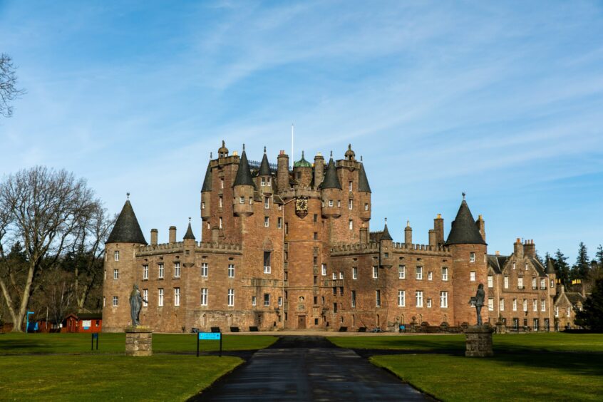 Glamis Castle in Angus pictured from the end of the drive