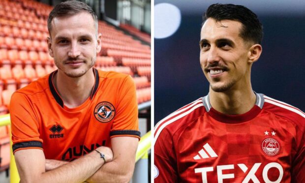 Dundee United recruit Kristijan Trapanovski (left) has designs on starring for his country, just like Aberdeen's Bojan Miovski (right). Images: Dundee United FC/SNS