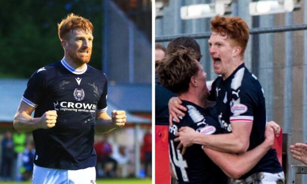 Simon Murray celebrates in 2024 and 2018 after scoring for Dundee.